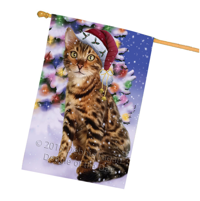 Winterland Wonderland Bengal Cat In Christmas Holiday Scenic Background House Flag FLG53930