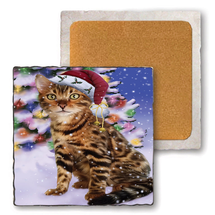 Winterland Wonderland Bengal Cat In Christmas Holiday Scenic Background Set of 4 Natural Stone Marble Tile Coasters MCST48732