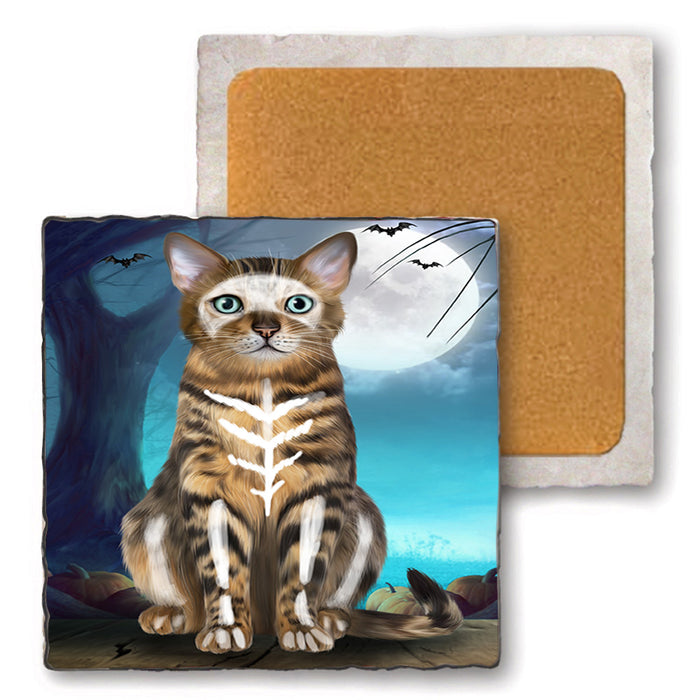 Happy Halloween Trick or Treat Bengal Cat Set of 4 Natural Stone Marble Tile Coasters MCST49498