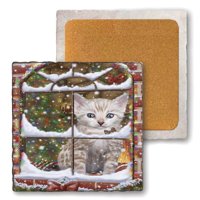 Please Come Home For Christmas Bengal Cat Sitting In Window Set of 4 Natural Stone Marble Tile Coasters MCST48616