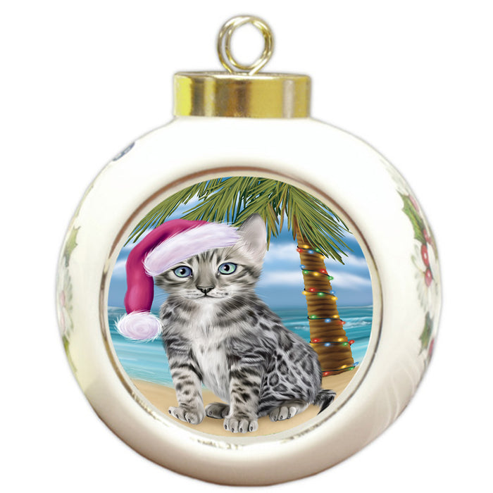 Summertime Happy Holidays Christmas Bengal Cat on Tropical Island Beach Round Ball Christmas Ornament RBPOR54536