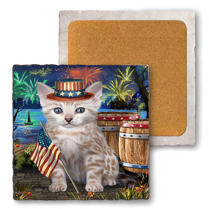 4th of July Independence Day Firework Bengal Cat Set of 4 Natural Stone Marble Tile Coasters MCST49034