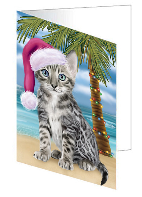 Summertime Happy Holidays Christmas Bengal Cat on Tropical Island Beach Handmade Artwork Assorted Pets Greeting Cards and Note Cards with Envelopes for All Occasions and Holiday Seasons GCD67637