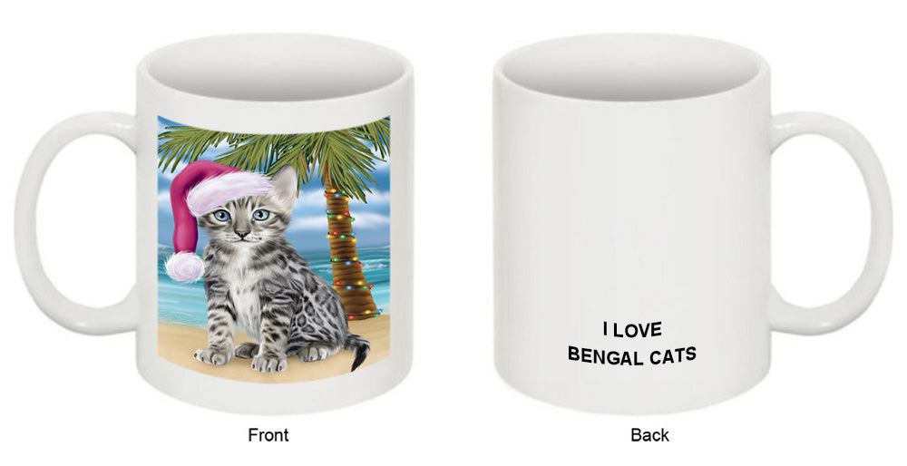 Summertime Happy Holidays Christmas Bengal Cat on Tropical Island Beach Coffee Mug MUG49806