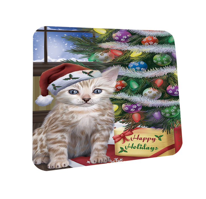 Christmas Happy Holidays Bengal Cat with Tree and Presents Coasters Set of 4 CST53400
