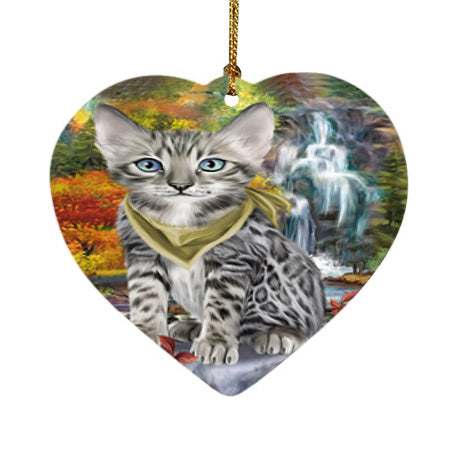 Scenic Waterfall Bengal Cat Heart Christmas Ornament HPOR51826