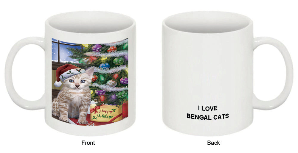 Christmas Happy Holidays Bengal Cat with Tree and Presents Coffee Mug MUG48840