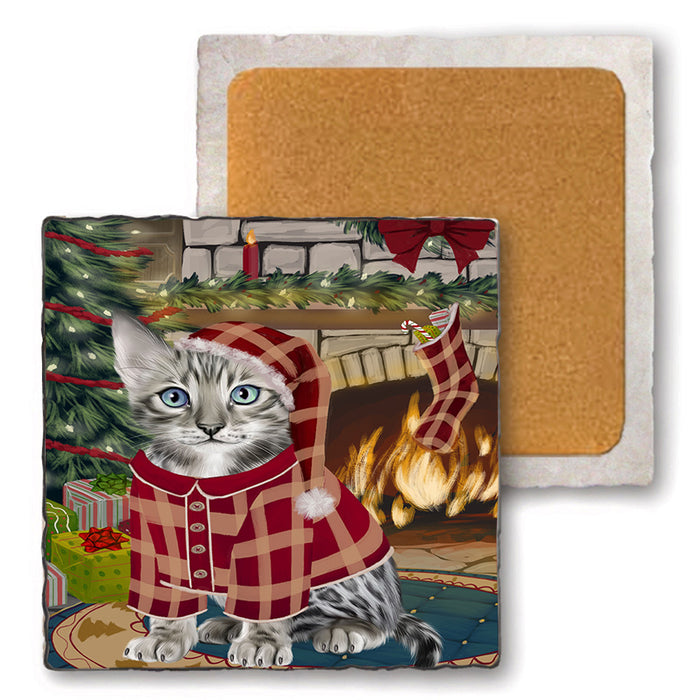 The Stocking was Hung Bengal Cat Set of 4 Natural Stone Marble Tile Coasters MCST50202