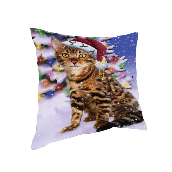 Winterland Wonderland Bengal Cat In Christmas Holiday Scenic Background Pillow PIL71552