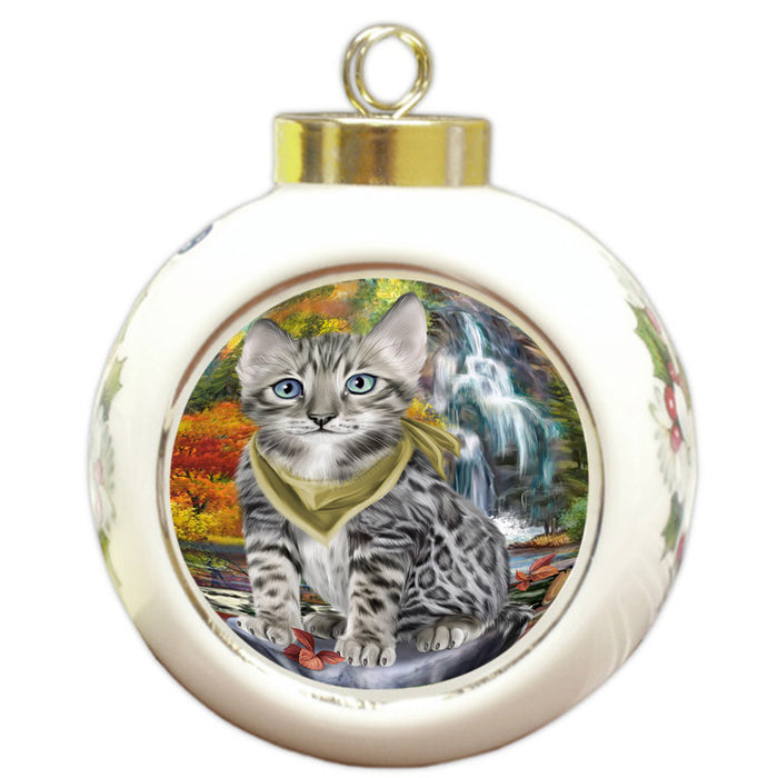Scenic Waterfall Bengal Cat Round Ball Christmas Ornament RBPOR51826