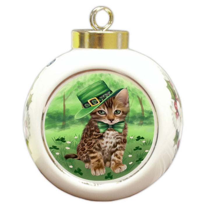 St. Patricks Day Irish Portrait Bengal Cat Round Ball Christmas Ornament RBPOR58106