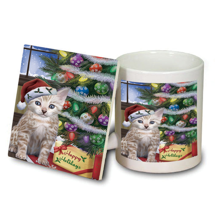 Christmas Happy Holidays Bengal Cat with Tree and Presents Mug and Coaster Set MUC53434