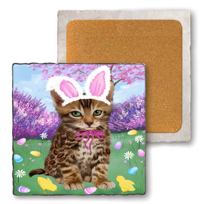 Easter Holiday Bengal Cat Set of 4 Natural Stone Marble Tile Coasters MCST51875