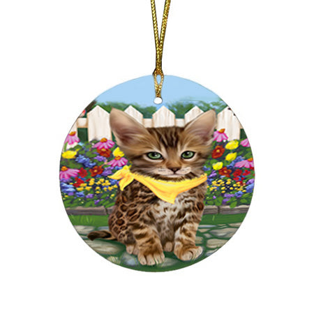 Spring Floral Bengal Cat Round Flat Christmas Ornament RFPOR52226