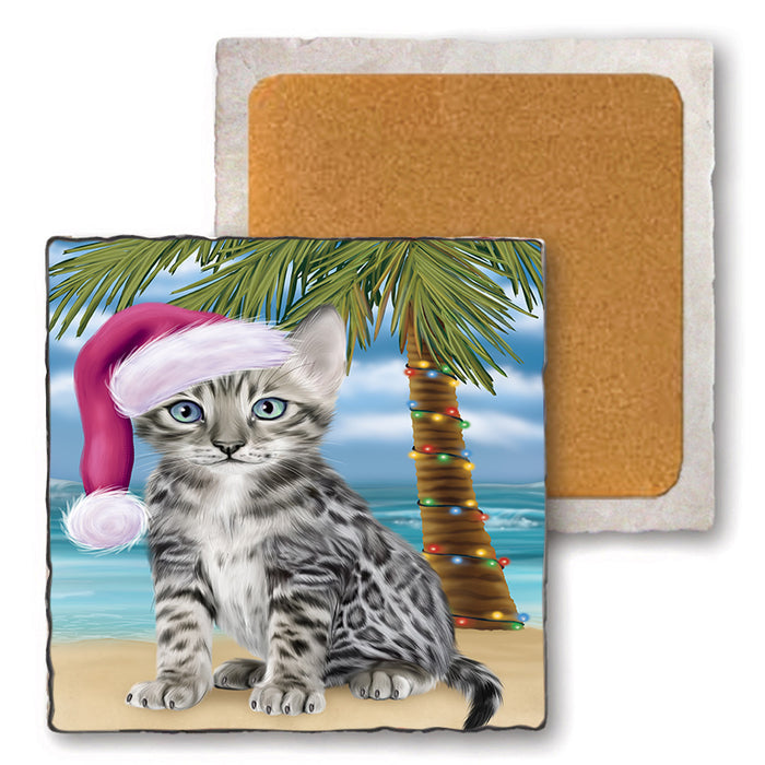 Summertime Happy Holidays Christmas Bengal Cat on Tropical Island Beach Set of 4 Natural Stone Marble Tile Coasters MCST49408