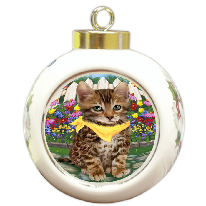 Spring Floral Bengal Cat Round Ball Christmas Ornament RBPOR52235
