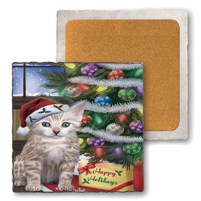 Christmas Happy Holidays Bengal Cat with Tree and Presents Set of 4 Natural Stone Marble Tile Coasters MCST48442