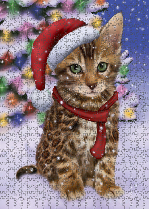 Winterland Wonderland Bengal Cat In Christmas Holiday Scenic Background Puzzle  PUZL82088