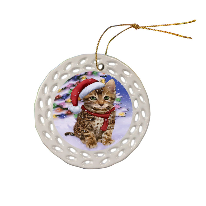 Winterland Wonderland Bengal Cat In Christmas Holiday Scenic Background Ceramic Doily Ornament DPOR53733