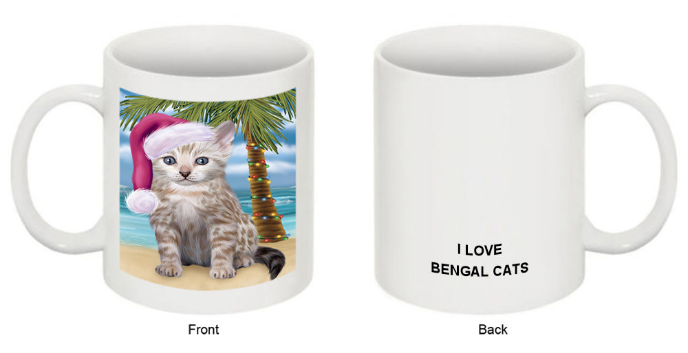Summertime Happy Holidays Christmas Bengal Cat on Tropical Island Beach Coffee Mug MUG49807