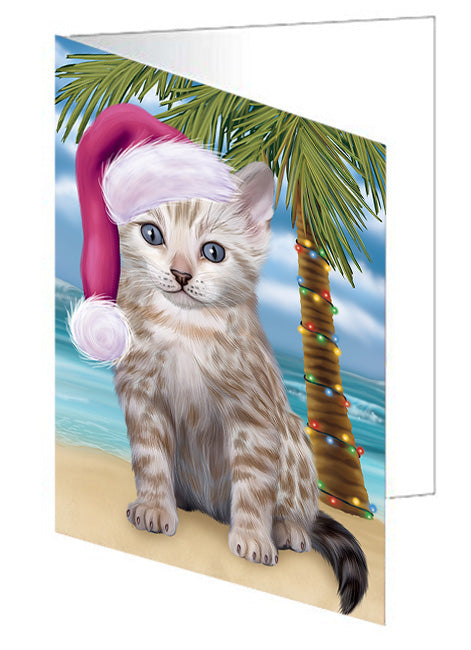 Summertime Happy Holidays Christmas Bengal Cat on Tropical Island Beach Handmade Artwork Assorted Pets Greeting Cards and Note Cards with Envelopes for All Occasions and Holiday Seasons GCD67640
