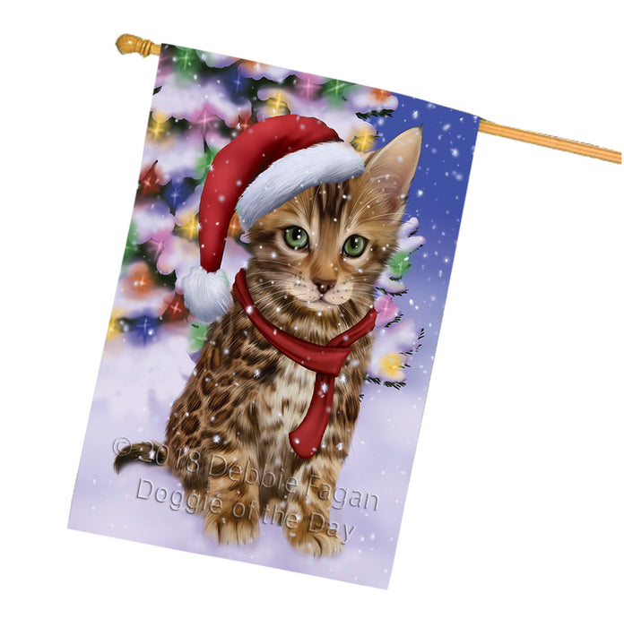 Winterland Wonderland Bengal Cat In Christmas Holiday Scenic Background House Flag FLG53931