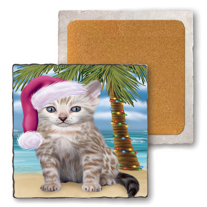 Summertime Happy Holidays Christmas Bengal Cat on Tropical Island Beach Set of 4 Natural Stone Marble Tile Coasters MCST49409