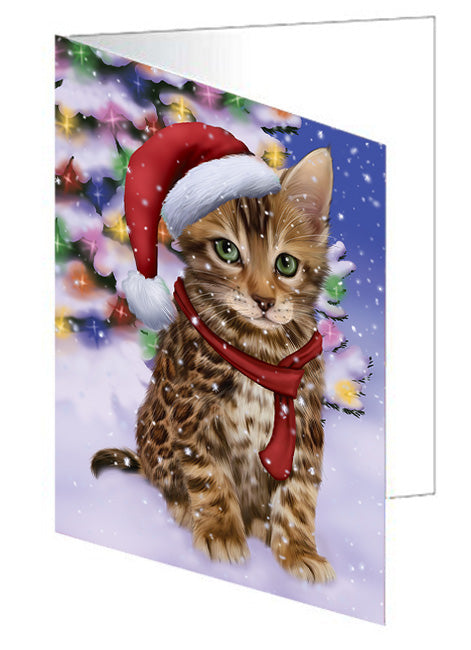 Winterland Wonderland Bengal Cat In Christmas Holiday Scenic Background Handmade Artwork Assorted Pets Greeting Cards and Note Cards with Envelopes for All Occasions and Holiday Seasons GCD65228