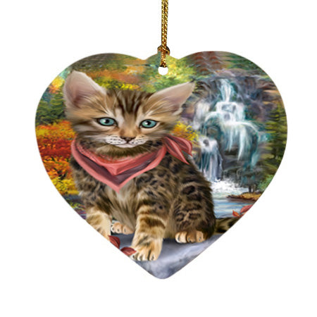 Scenic Waterfall Bengal Cat Heart Christmas Ornament HPOR51827