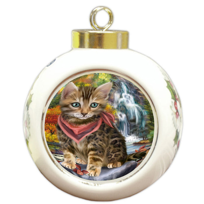 Scenic Waterfall Bengal Cat Round Ball Christmas Ornament RBPOR51827