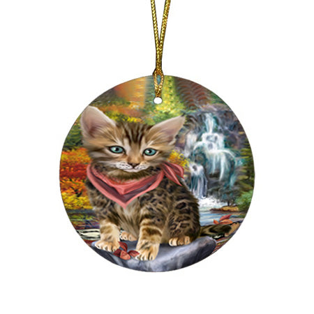 Scenic Waterfall Bengal Cat Round Flat Christmas Ornament RFPOR51818