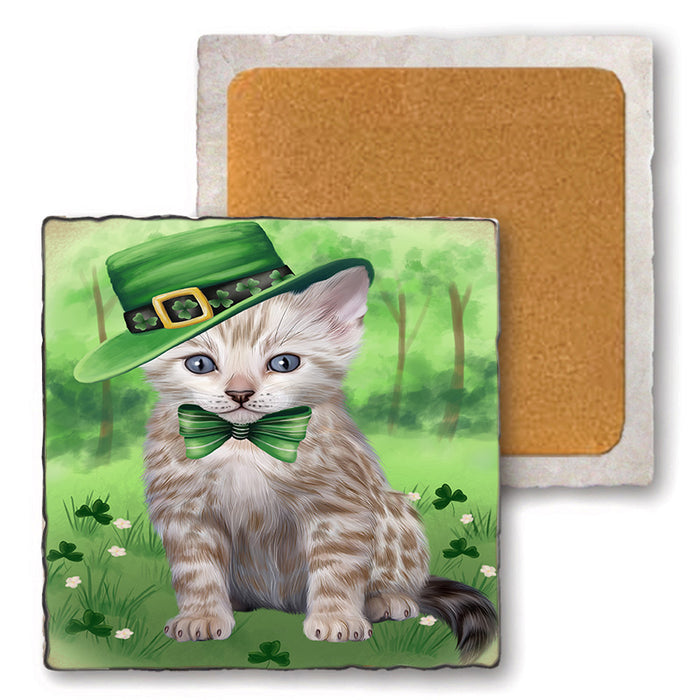 St. Patricks Day Irish Portrait Bengal Cat Set of 4 Natural Stone Marble Tile Coasters MCST51980