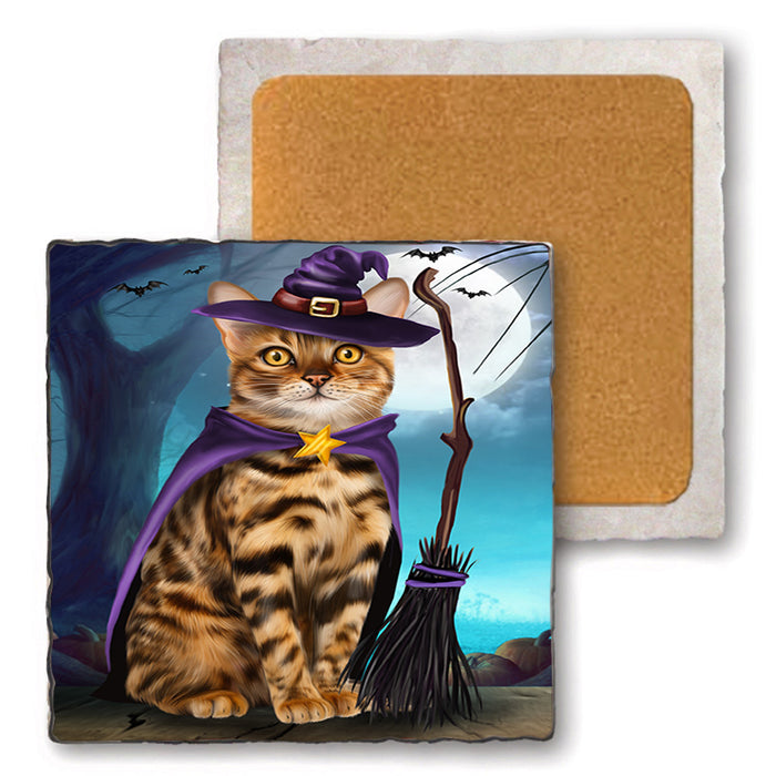 Happy Halloween Trick or Treat Bengal Cat Set of 4 Natural Stone Marble Tile Coasters MCST49499