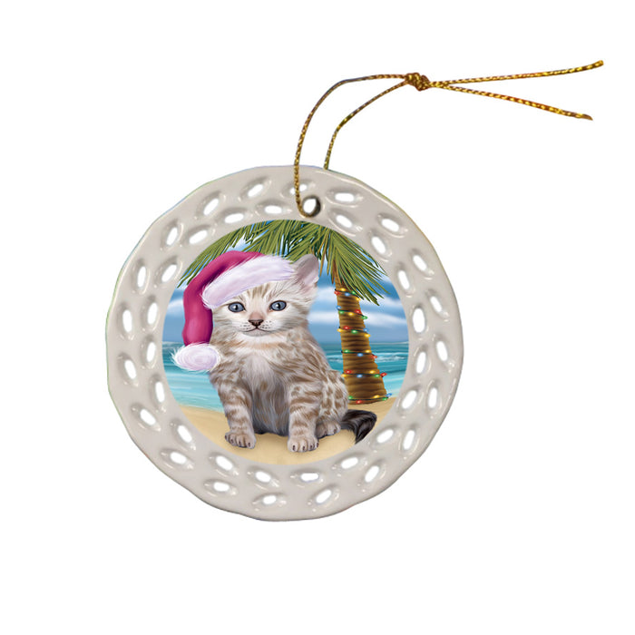 Summertime Happy Holidays Christmas Bengal Cat on Tropical Island Beach Ceramic Doily Ornament DPOR54537