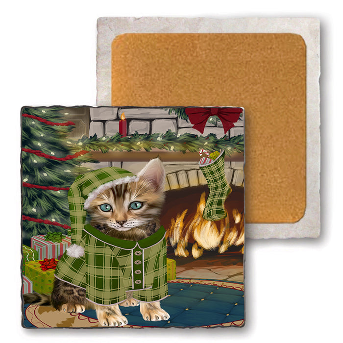 The Stocking was Hung Bengal Cat Set of 4 Natural Stone Marble Tile Coasters MCST50203