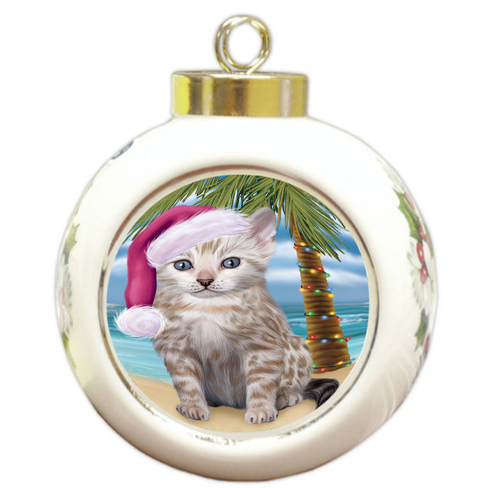 Summertime Happy Holidays Christmas Bengal Cat on Tropical Island Beach Round Ball Christmas Ornament RBPOR54537