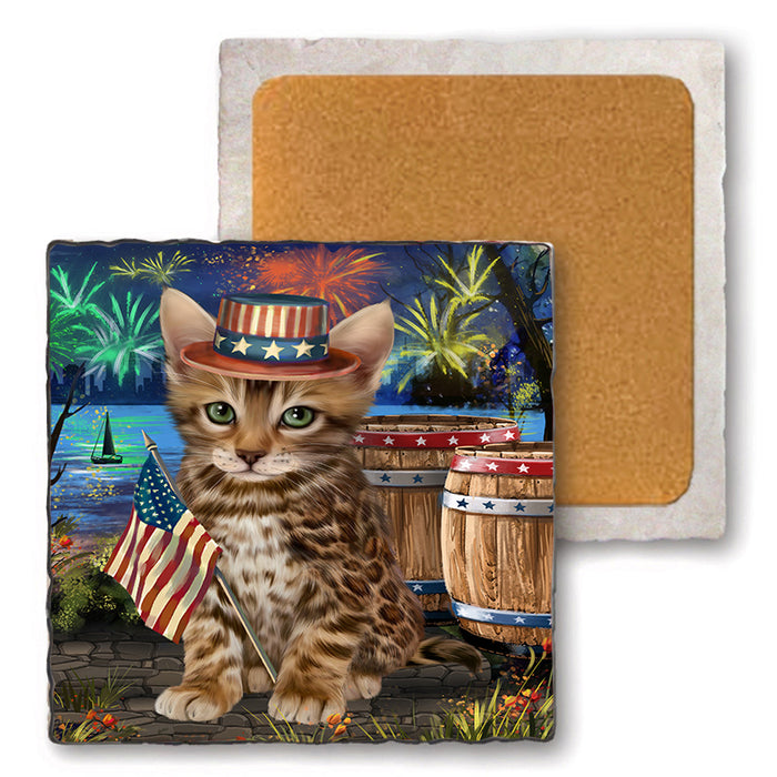 4th of July Independence Day Firework Bengal Cat Set of 4 Natural Stone Marble Tile Coasters MCST49035
