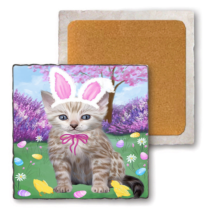 Easter Holiday Bengal Cat Set of 4 Natural Stone Marble Tile Coasters MCST51876
