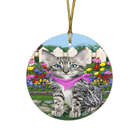 Spring Floral Bengal Cat Round Flat Christmas Ornament RFPOR52227