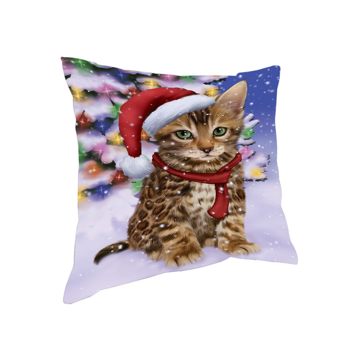 Winterland Wonderland Bengal Cat In Christmas Holiday Scenic Background Pillow PIL71556
