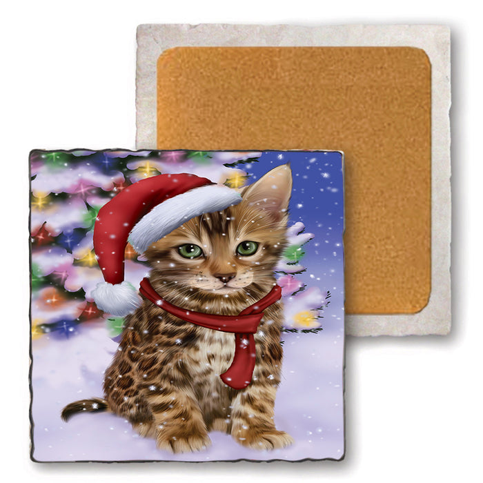Winterland Wonderland Bengal Cat In Christmas Holiday Scenic Background Set of 4 Natural Stone Marble Tile Coasters MCST48733