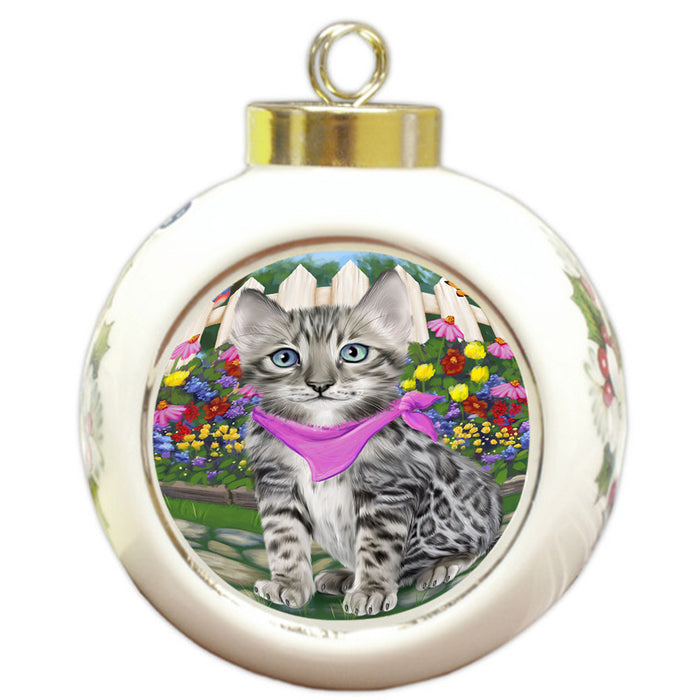 Spring Floral Bengal Cat Round Ball Christmas Ornament RBPOR52236