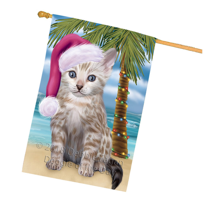 Summertime Happy Holidays Christmas Bengal Cat on Tropical Island Beach House Flag FLG54735