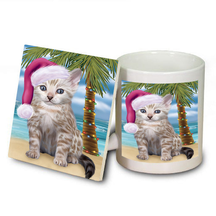 Summertime Happy Holidays Christmas Bengal Cat on Tropical Island Beach Mug and Coaster Set MUC54401