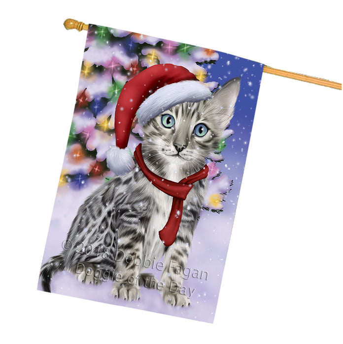Winterland Wonderland Bengal Cat In Christmas Holiday Scenic Background House Flag FLG53932