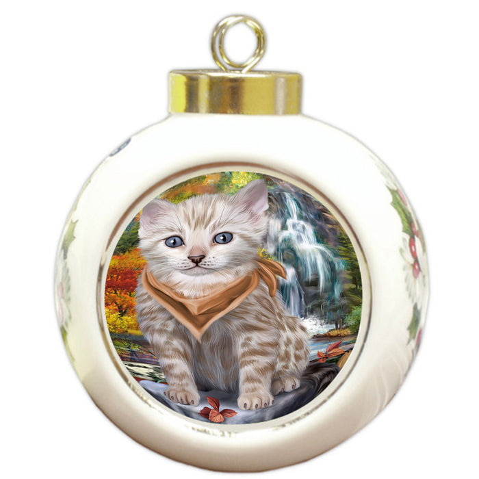 Scenic Waterfall Bengal Cat Round Ball Christmas Ornament RBPOR51828