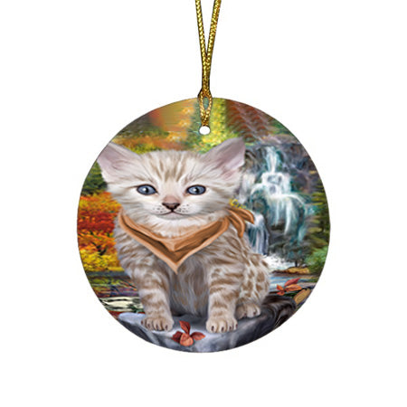 Scenic Waterfall Bengal Cat Round Flat Christmas Ornament RFPOR51819