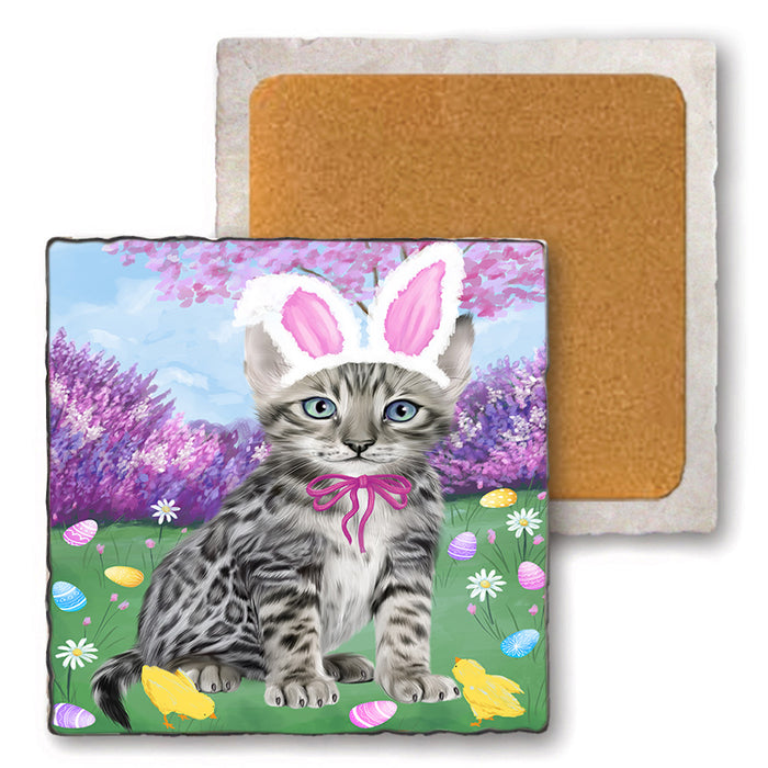 Easter Holiday Bengal Cat Set of 4 Natural Stone Marble Tile Coasters MCST51877