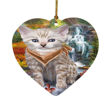 Scenic Waterfall Bengal Cat Heart Christmas Ornament HPOR51828