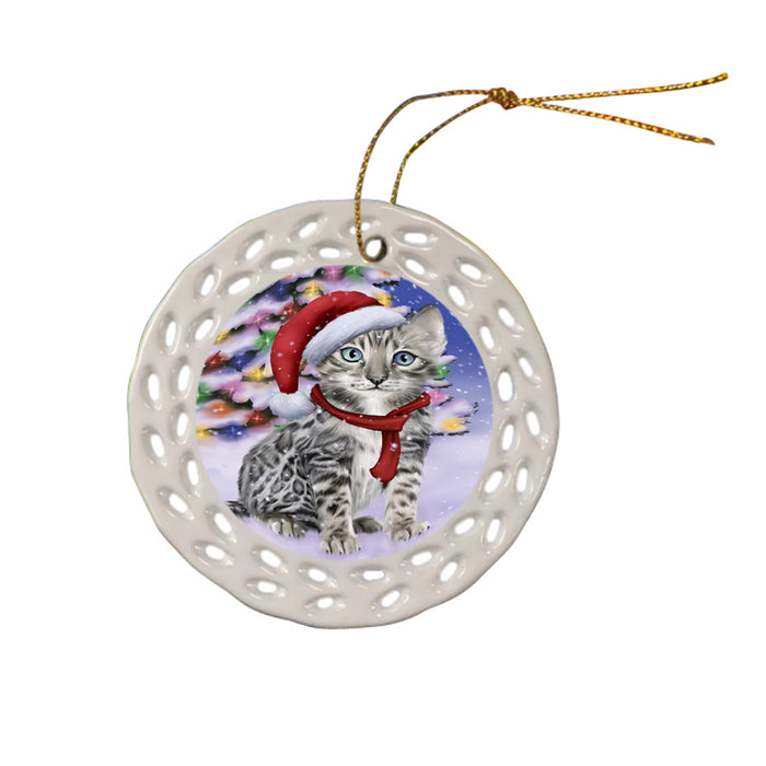 Winterland Wonderland Bengal Cat In Christmas Holiday Scenic Background Ceramic Doily Ornament DPOR53734